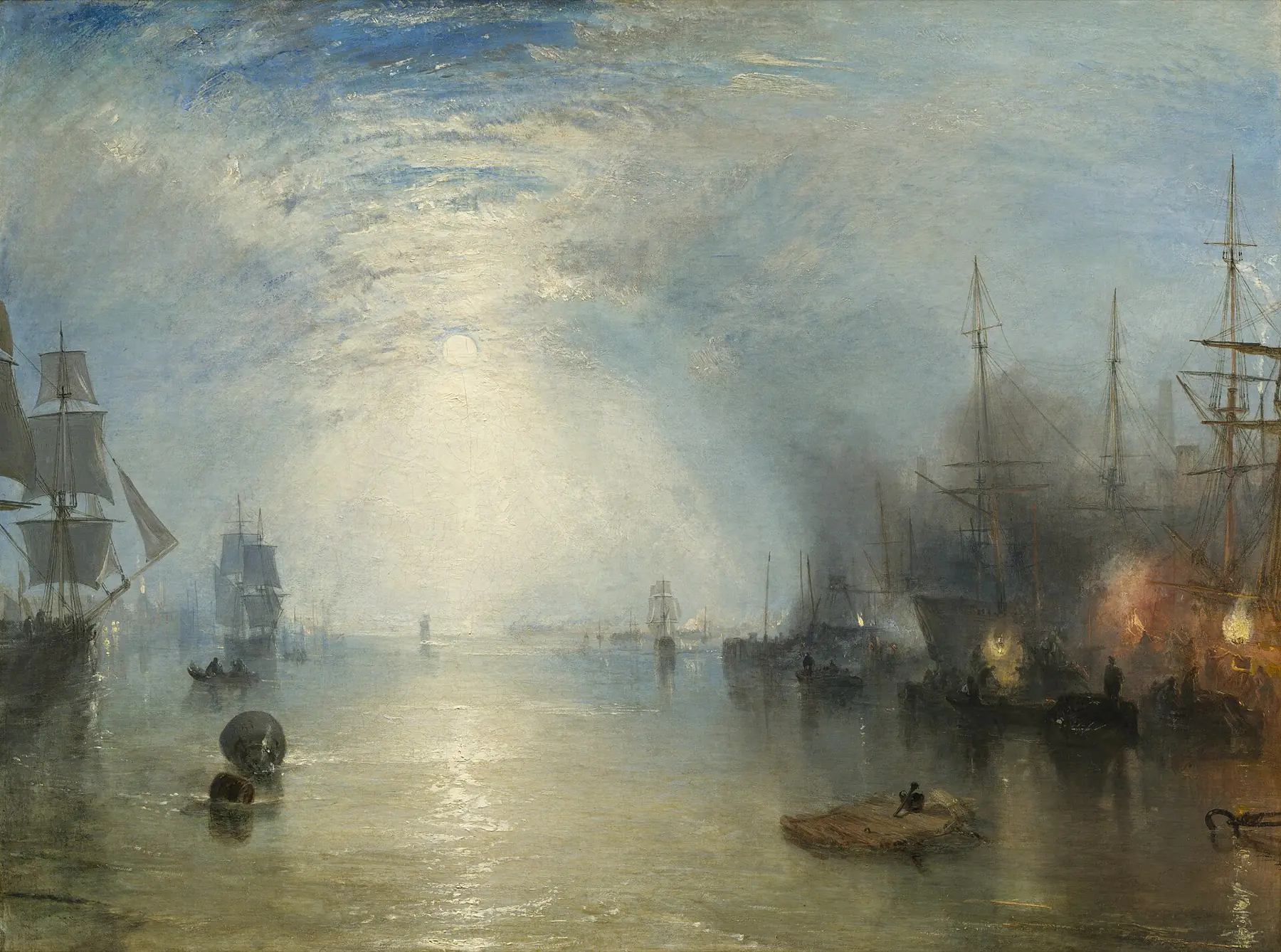 Turner's Keelmen Heaving in Coals by Moonlight: a full moon over a misty river, tall ships on the left, and on the right warm torchlight where men load coal by night.
